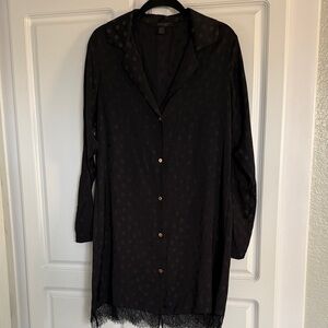 Black Long Button-Front Dress with Lace Trim